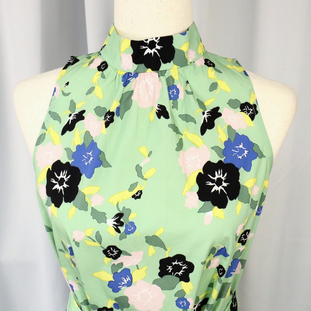 Pearl by Lela Rose Floral Cotton Halter Belted Dress XS Green Feminine Romantic - Picture 3 of 14